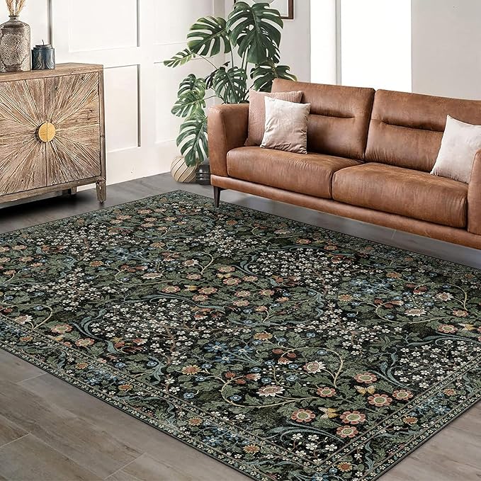 MUJOO Floral 5x7 Area Rugs,Washable Rug for Living Room Bedroom Office Dining Room,Large Throw Carpet,Boho Non Slip Indoor Floor Big Soft Botanical Vintage Ultra-Thin Black and Green