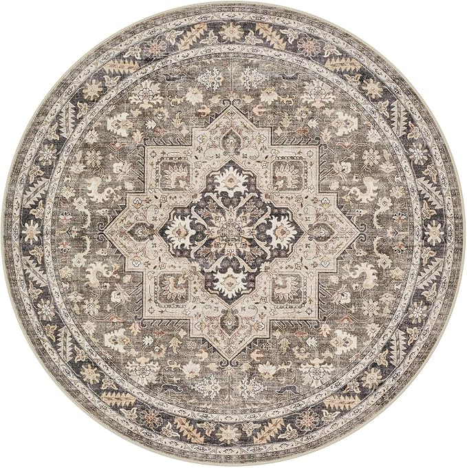 8ft Round Vintage Living Room Area Rug - 8x8 Large Soft Washable Oriental Traditional Distressed Farmhouse Rugs for Bedroom - Indoor Floor Accent Carpet for Home Office House Decor - Brown