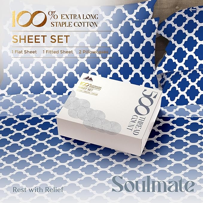 Mayfair Linen 100% Cotton Printed Bed Sheets Twin XL Set - 500 Thread Count Cotton Twin XL Sheets Only, 3 PC Set (Quatrefoil Navy Print), Soft, Cooling, Sateen Weave 16" Deep Pocket Dorm Room Bedsheet