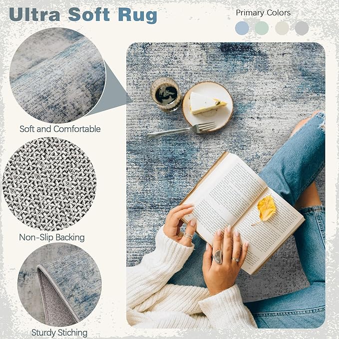 6x9 Area Rugs for Living Room: Washable Rug Modern Abstract Neutral Soft Rugs Non-Slip Low-Pile Indoor Floor Carpet for Bedroom Dining Room Kitchen (Blue, 6'x9')