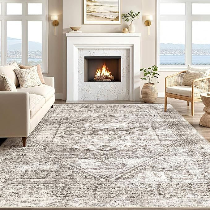 Vintage Living Room Area Rug 9x12 - Large Soft Washable Oriental Traditional Distressed Farmhouse Rugs for Bedroom - Indoor Floor Accent Carpet for Home Office House Decor - Distressed Brown