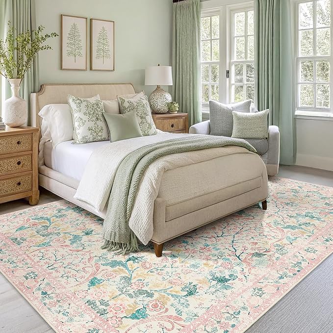 MUJOO Pink Washable Rugs 8x10,Floral Area Rug for Living Room Dining Room Bedroom,Large Throw Carpet,Boho Non Slip Indoor Floor Big Soft Botanical Vintage Ultra-Thin