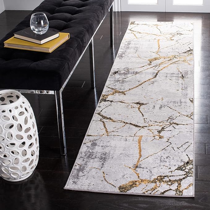 SAFAVIEH Amelia Collection Runner Rug - 2' x 20', Grey & Gold, Modern Abstract Design, Non-Shedding & Easy Care, Ideal for High Traffic Areas in Living Room, Bedroom (ALA293G)