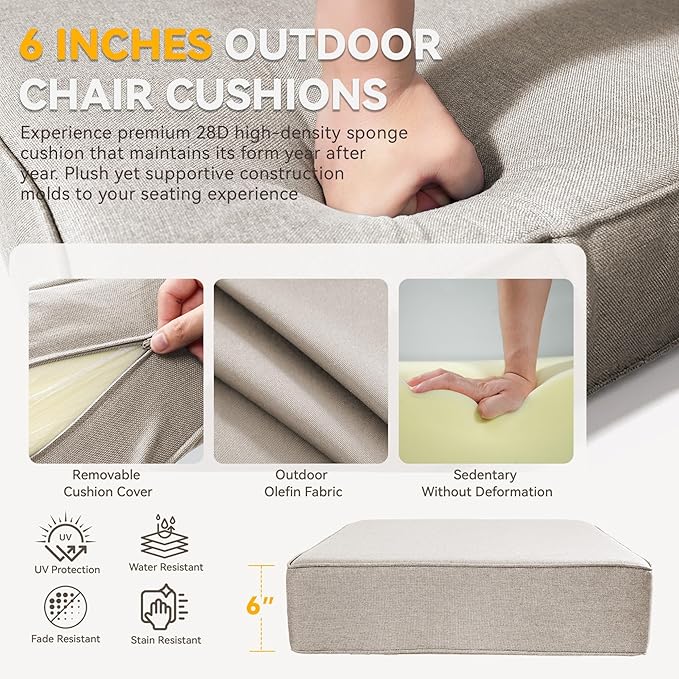 Outdoor Cushion Set for Furniture Patio Furniture, UV Resistant, Water Resistant - 6 Inch Thick Foam Garden Cushions– 24x24 Inch Patio Seat Covers for Chair/Sofa/Couch | Beige | 4-Pack |