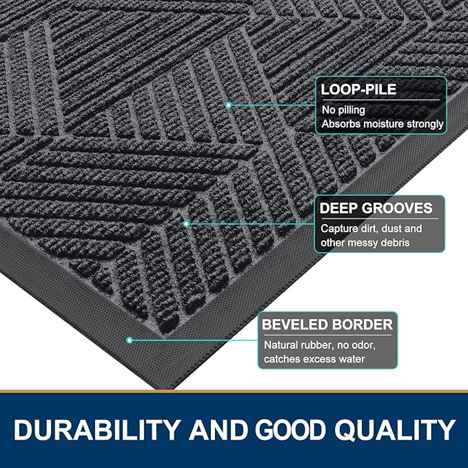 Smiry Front Door Mat Outside Entrance, Heavy Duty Sturdy Natural Rubber Doormat, Trap Dirt and Moisture, Easy Clean Low Profile Mats for Indoor Outdoor Entry, Irregular Triangle (36x24, Silver Grey)