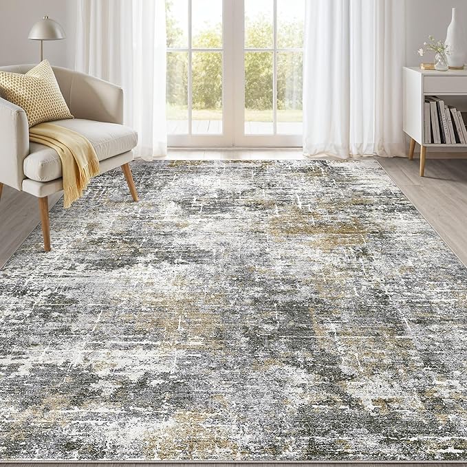 Abstract Living Room Rug 7x9 - Modern Washable Soft Thin Area Rug for Living Room Bedroom Under Dining Table - Neutral Indoor Floor Rug Carpets for Home Office Playroom Nursery - Black Gold