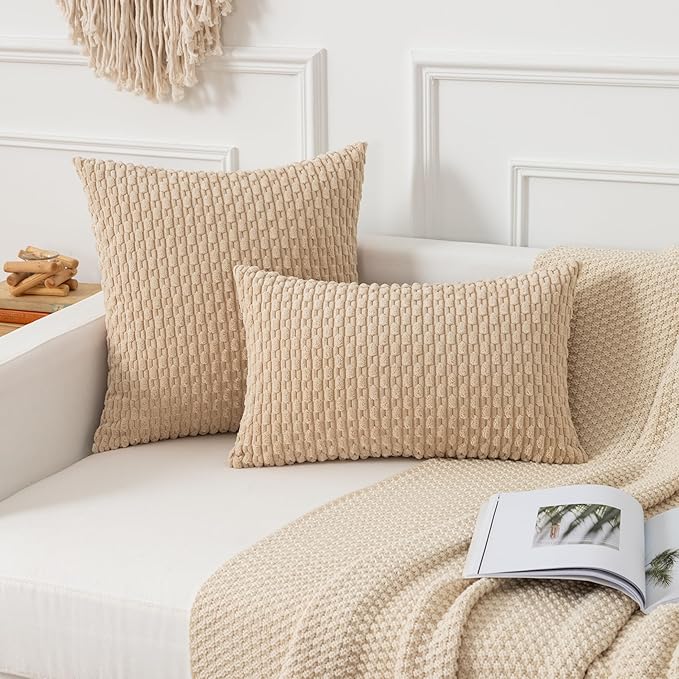Kevin Textile 14x24 Inch Pillow Cover 1 Pack Boho Decorative Soft Striped Corduroy Lumbar Farmhouse Solid Color Accent Rectangle Cushion Case for Living Room Couch Sofa Bed, Beige
