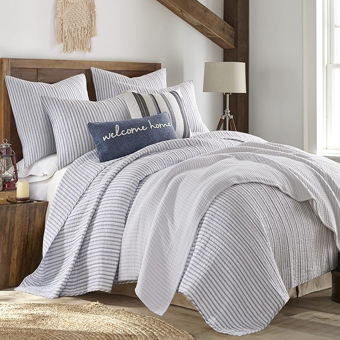 Levtex Home Tobago Stripe Blue Reversible Twin XL/Twin Quilt Set (68x86in) with 1 Pillow Sham (26x20in) - Striped - Blue, White - Cotton Twin Size Quilt Bedding Set - Lightweight, Soft, Pre-Washed