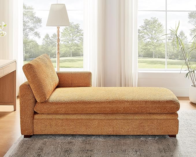 VANOMi Oversized 70.47'' Chaise Lounge Chair Indoor with Storage Space, Modern Upholstered Sofa Bed with Thick Cushion and Left Armrest, Boucle Leisure Recliner for Living Room, Bedroom, Office, Curry