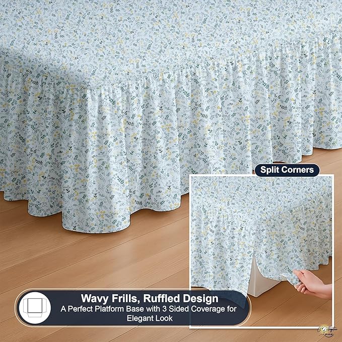 Cottington Lane Ruffled Bed Skirt King Size with Split Corner, Brushed Microfiber Hotel Quality Dust Ruffle, 18 Inch Drop Gathered Bedskirt, Soft, Stylish, Shrink & Fade Resistant, Garden Bloom