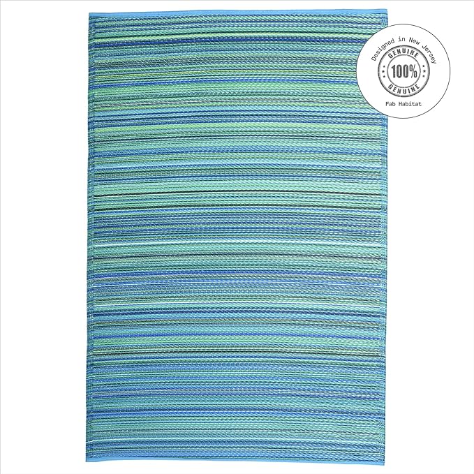 Fab Habitat Outdoor Rug - Waterproof, Fade Resistant, Crease-Free - Premium Recycled Plastic - Striped - Large Patio, Deck, Sunroom, Camping, RV - Cancun - Turquoise & Moss Green - 6 x 9 ft