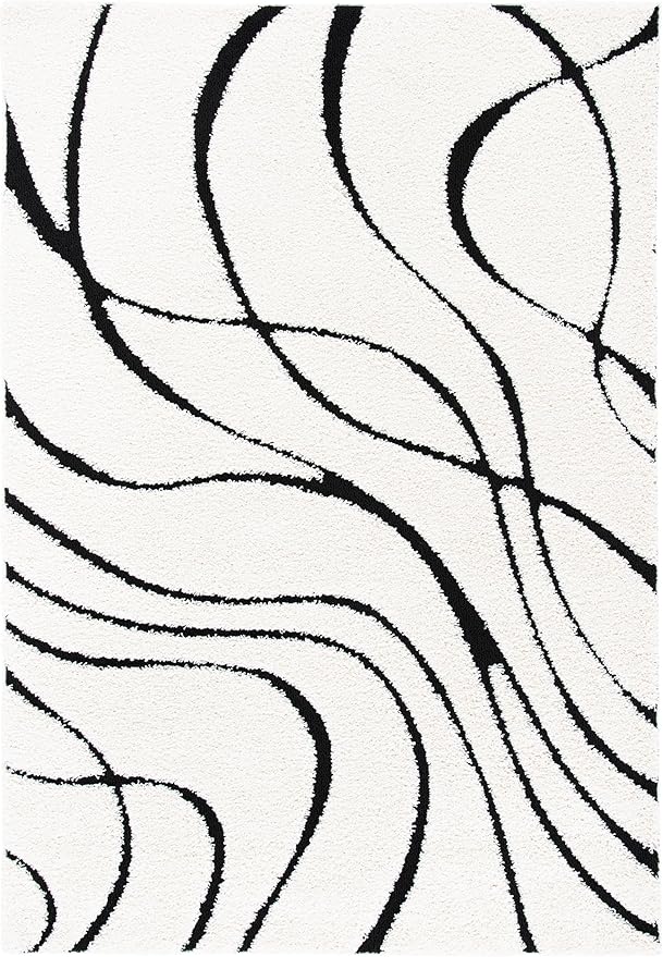 SAFAVIEH Florida Shag Collection Area Rug - 6' x 8', Ivory & Black, Non-Shedding & Easy Cleaning, Plush Thick Pile, Ideal for Living Room, Bedroom, Dining Space (SG471-1290)