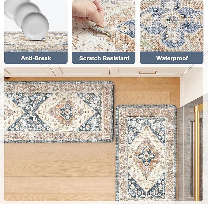 KIMDOE Anti Fatigue Kitchen Mat Kitchen Rugs Non-Skid Waterproof Kitchen Runner Rug Foam Standing Mat for Kitchen Decor,Floors,Laundry,Blue and Gold
