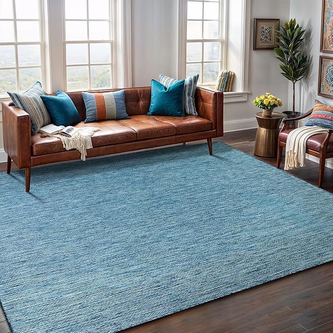 Washable Indoor Outdoor Rug Weather Resistant Carpet Modern Solid for Porch Deck Balcony Backyard Patio Rug 8x10 Aqua Blue