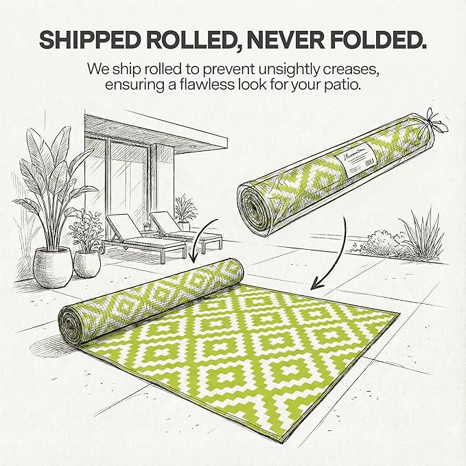 FH Home Outdoor Rug - Waterproof, Fade Resistant, Reversible - Premium Recycled Plastic - Geometric - Patio, Deck, Porch, Balcony, Laundry Room - Aztec - Green & White Crease Free - 4 x 6 ft