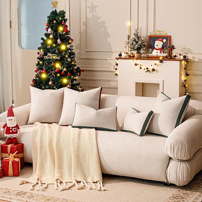 a moment Christmas Dark Green Loop Yarn Linen-Like Pillow Cover Natural Soft Decorative Throw Pillow Case Farmhouse 18x18 Inch, Textured Cushion Cover for Sofa Bed, Wrinkle-Resistant Home Decor