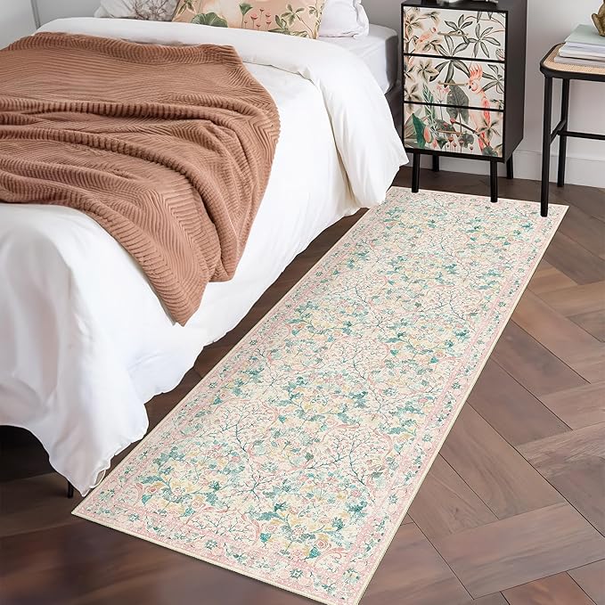 MUJOO Washable Runner Rug Pink,Floral 2x6 Runners for Hallway Kitchen Bedroom Bedside Bathroom Laundry Room,Long Non Slip Throw Carpet Boho Indoor Botanical Vintage Ultra-Thin