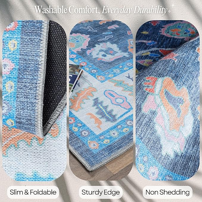 Fame Rugs Blue Modern Oushak Rug 8x10, Vintage Turkish Colorful Oriental Washable Antique Inspired Large Area Rugs, Luxury Living Room Bedroom (387BNB, 7'6 x 10')