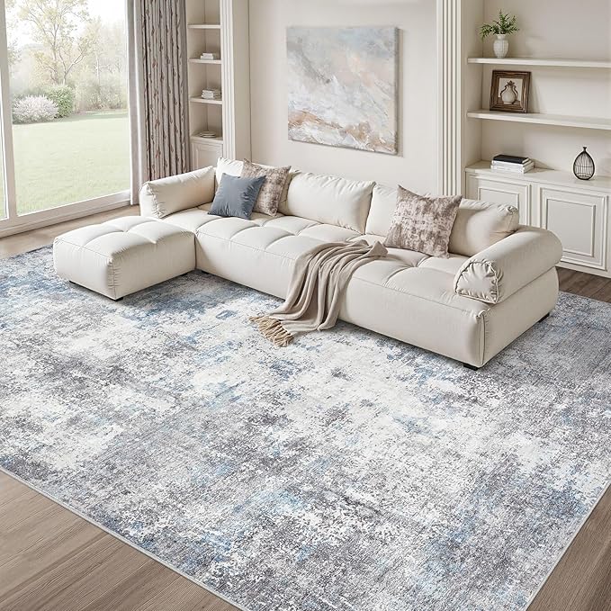 Washable 6X9 Area Rug: Modern Abstract Soft Non-Slip Indoor Rugs Home Decor - Low Pile Stain Resistant Carpet for Living Room Bedroom Dining Room Playroom Office(Blue Grey 6'x9')