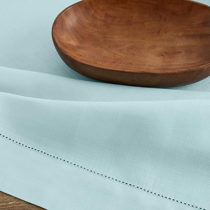 Solino Home Linen Aqua Blue Table Runner 72 Inches Long - 100% Pure Linen Hemstitch Table Runner 14 x 72 Inch for Dresser, Dining, New Year - Classic Hemstitch
