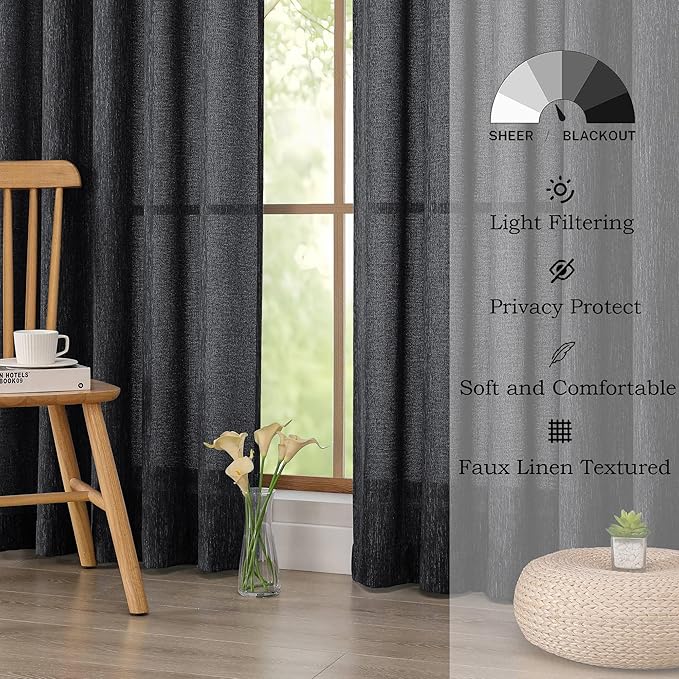 Simplebrand Black Semi Sheer Faux Linen Textured Curtains 84 Inches Long 2 Panels, Light Filtering Farmhouse Bedroom Curtains, Farmhouse Rod Pocket Soft Thick Window Drapes for Living Room, 50Wx84L