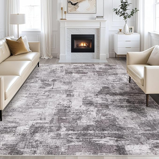 Abstract Living Room Rug 9x12 - Modern Washable Soft Thin Area Rug for Living Room Bedroom Under Dining Table - Neutral Indoor Floor Rug Carpets for Home Office Playroom Nursery - Grey