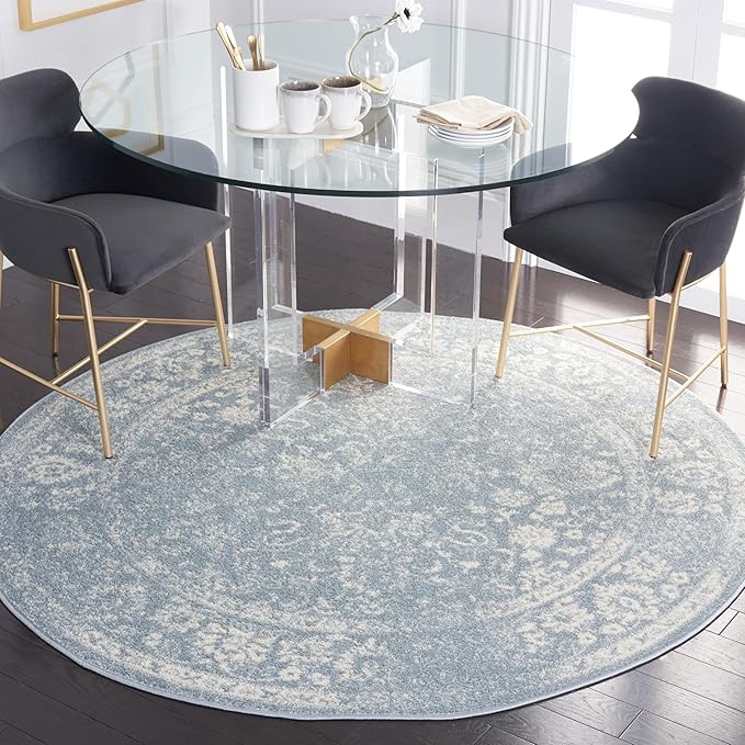 SAFAVIEH Adirondack Collection Area Rug - 8' Round, Slate & Ivory, Distressed Vintage Floral Design, Non-Shedding & Easy to Clean, Ideal for Living Room, Bedroom, Dining Space (ADR109T)