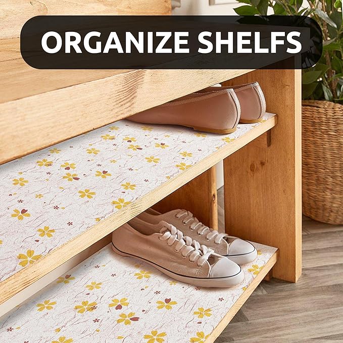 RAY STAR 18X96 Inch Shelf Liner for Kitchen Cabinets, Non-Adhesive Cabinet Liner Washable, PVC Drawer Liner for Dresser Non-Slip Bathroom (Yellow-Floral)(2 Roll)