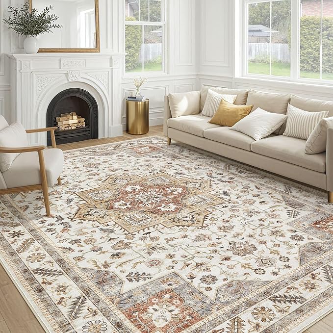 Vintage Living Room Area Rug 10x12 - Large Soft Washable Oriental Traditional Distressed Farmhouse Rugs for Bedroom - Indoor Floor Accent Carpet for Home Office House Decor - Golden Taupe