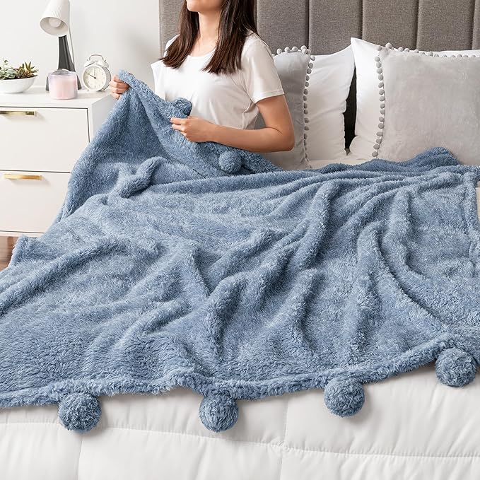 Pavilia Blue Sherpa Throw Blanket for Couch, Warm Plush Fuzzy Blanket Throw with Pom Poms, Dusty Blue, 60x80