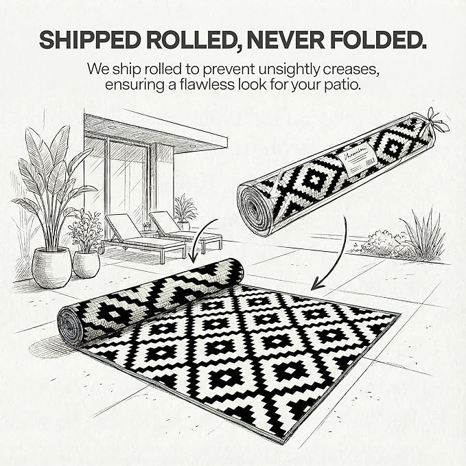 FH Home Outdoor Rug - Waterproof, Fade Resistant, Reversible - Premium Recycled Plastic - Geometric - Patio, Deck, Porch, Balcony, Laundry Room - Aztec - Black & White Crease Free - 4 x 6 ft