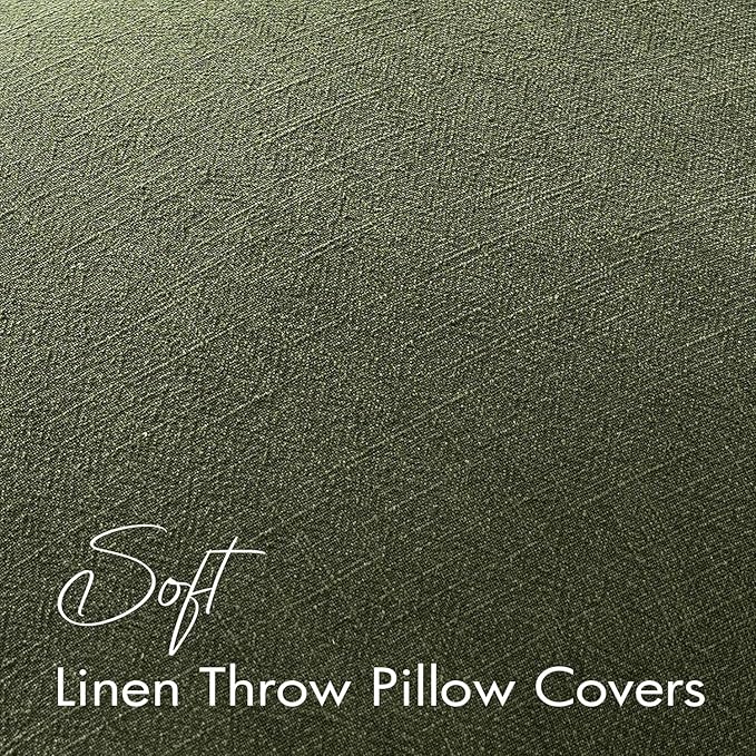 EMEMA Decorative Linen Throw Pillow Covers 24x24 Inch Dark Olive Green Boho Farmhouse Neutral Couch Throw Pillows for Bed Pack of 2 Accent Pillowcase Modern Sofa Cushion Livingroom Home