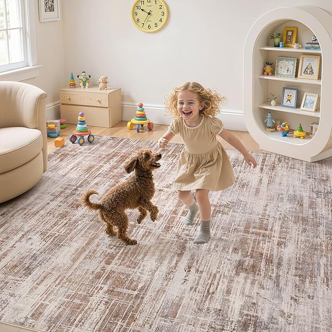 Area Rug for Living Room: 12x15 Washable Neutral Abstract Modern Soft Rugs Non Slip Indoor Floor Stain Resistant Large Carpet for Bedroom Dining Room Office Nursery - Red Brown