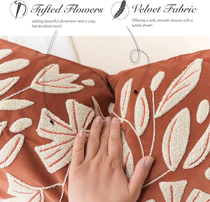 BlissBlush Fall Throw Pillow Cover 12x20, Rust Brick Red Soft Velvet Floral Decorative Lumbar Accent Throw Pillowcase,Textured Farmhouse Pillowcase for Couch Sofa Living Room Home Décor