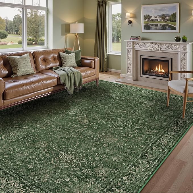 Vintage Area Rug 8x10 Washable Green Living Room Carpet Large Indoor Non Slip Bedroom Low Pile Kitchen Distressed Retro Accent Throw Rug for Dining Room