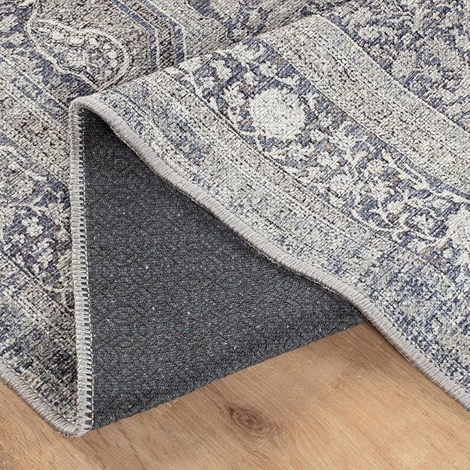 Bloom Rugs Washable Non-Slip 3' x 5' Rug - Blue/Steel Gray/Beige Traditional Medallion Area Rug for Living Room, Bedroom, Dining Room, and Kitchen - Exact Size: 3' x 5'