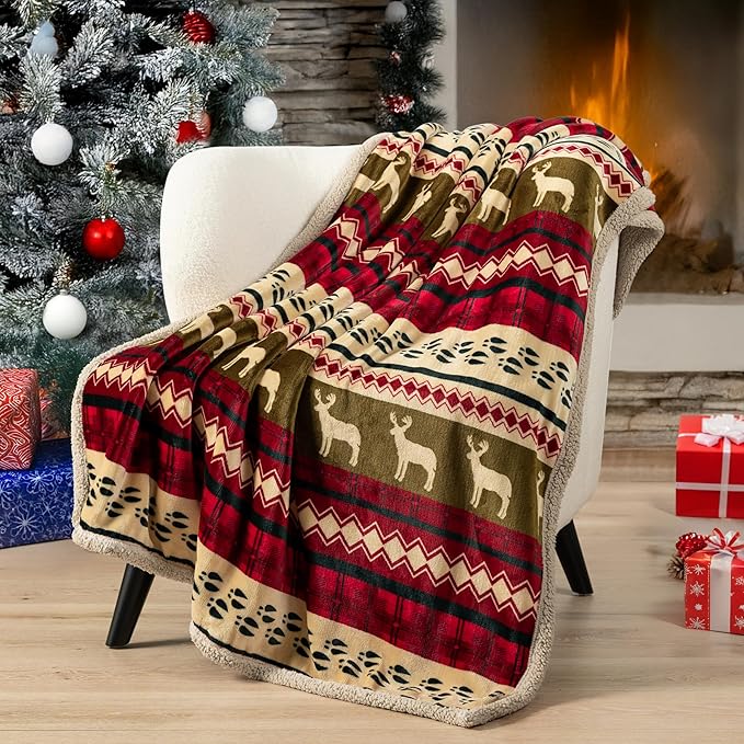 PAVILIA Premium Christmas Sherpa Throw Blanket, Green Red Cabin Design with Reindeer Print, Ultra Soft Reversible Fleece & Sherpa 90x90 Queen Winter Blanket, Cozy Christmas & Holiday Decor