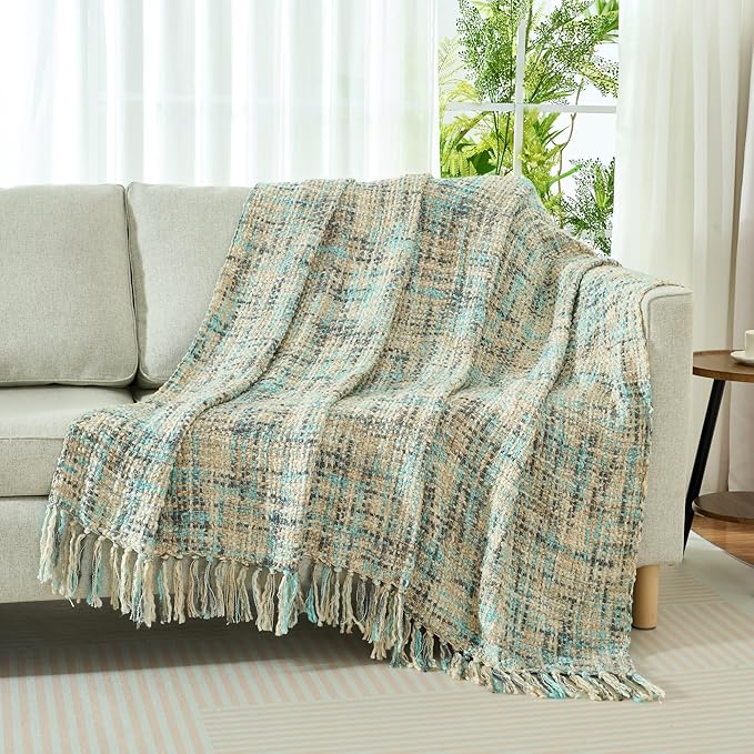 Multi-Color Blue Grey Cable Knitted Throw Blanket for Couch,60"X80" Boho Style Textured Blankets for Home Decor,Super Soft Warm Cozy Chunky Knit Blanket with Decorative Tassels for Bed