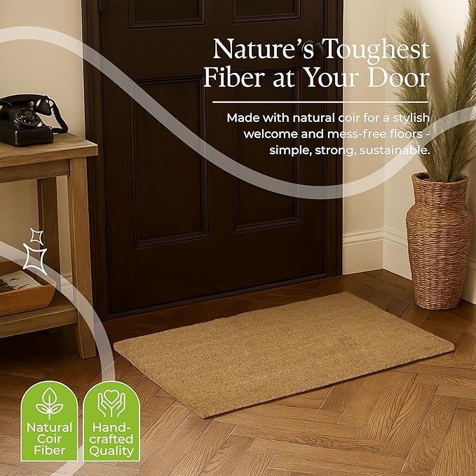 Coir Door Mats 17" X 30", Pack of 2, Non-Slip Sturdy, PVC Backed, Heavy Duty, Easy to Clean, Ideal for Door Entrance, Patio, Porch, Backyard, Garages, Plain Mat