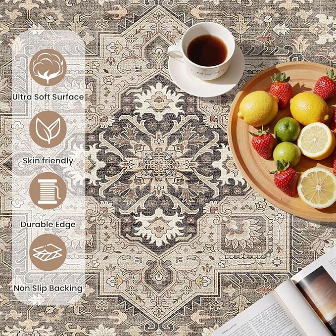 Vintage Living Room Area Rug 3x5 - Large Soft Washable Oriental Traditional Distressed Farmhouse Rugs for Bedroom - Indoor Floor Accent Carpet for Home Office House Decor - Brown