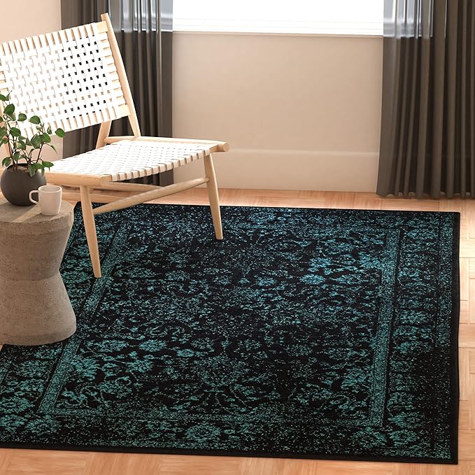 SAFAVIEH Area Rug 4x6 - Adirondack Collection - Black & Teal, Distressed Vintage Floral Design, Non-Shedding & Easy to Clean, Ideal for Living Room, Bedroom, Dining Space (ADR109K)