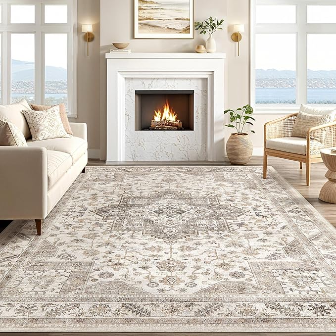 Vintage Living Room Area Rug 5x8 - Large Soft Washable Oriental Traditional Distressed Farmhouse Rugs for Bedroom - Indoor Floor Accent Carpet for Home Office House Decor - Light Brown