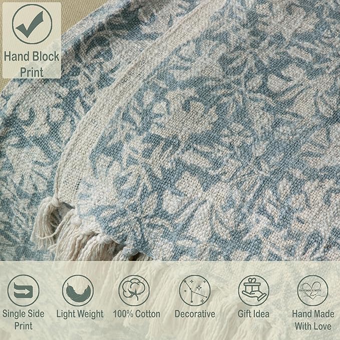 100% Pure Cotton Handblock Printed Throw Blanket, Soft 50" x 60" Fringed Floral Print Throw for Couch, Sofa, Chair, Bed - Cozy, Machine Washable, Comfortable Home Decor