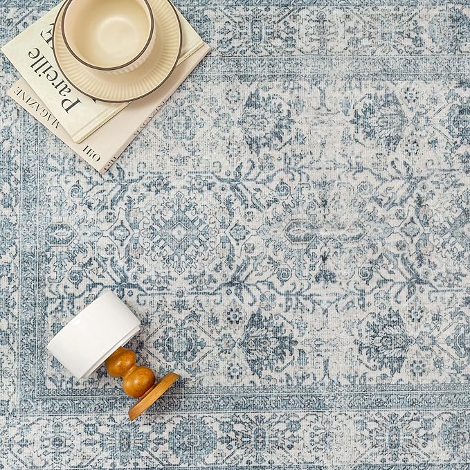 Blue Runner Rug 2x6 Vintage Area Carpet Hallway Long Indoor Kitchen Washable Living Room Low Pile Traditional Distressed Retro Accent Throw Rug Non Slip Laundry Bathroom Office Dining Room