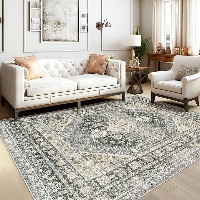 zesthome 8x10 Area Rugs for Living Room,Non-Slip Backing Washable Rugs,Vintage Large Area Rug，Stain Resistant Home Decor Rug (Wheat/Charcoal,8'x10')