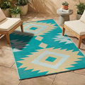 FH Home Outdoor Rug - Waterproof, Fade Resistant, Reversible - Premium Recycled Plastic - Geometric - Patio, Deck, Porch, Balcony - Bursa Kilim - Teal Crease Free - 4 x 6 ft