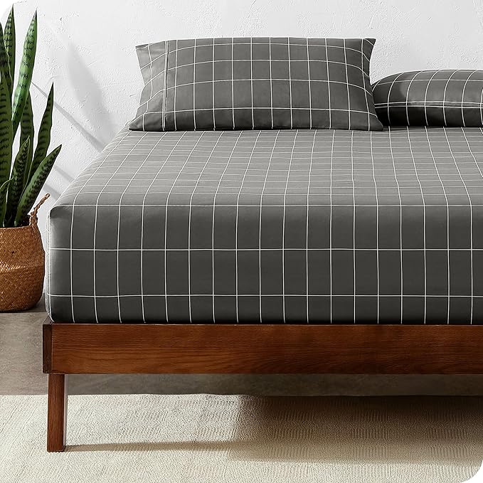 Bare Home Fitted Bottom Sheet Twin Size - Premium 1800 Microfiber - Ultra-Soft Hotel Luxury - Deep Pocket - Durable and Long Lasting (Twin, Grid - Grey/White)