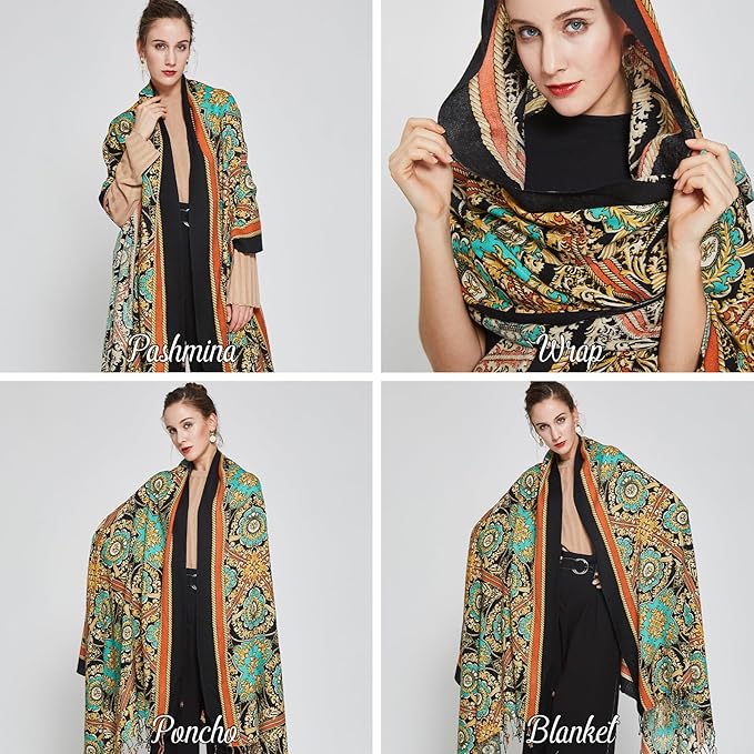DANA XU 100% Merino Wool Extra Large Pashmina Blanket Travel Scarf Cashmere Wrap for Women Fall Winter Oversize Shawl Floral