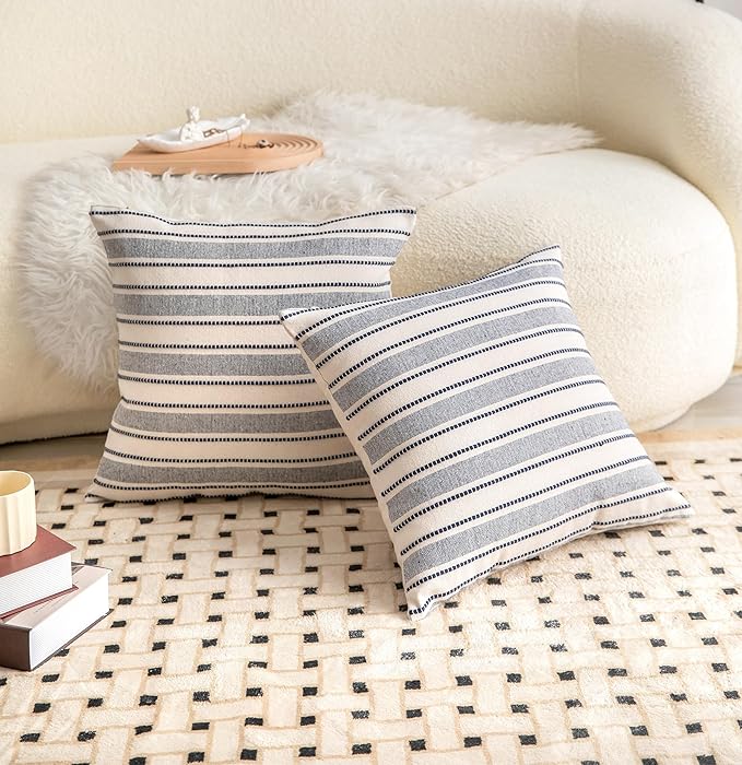 Decorative Boho Throw Pillow Covers, Farmhouse Textured Pillow Case, 18 x 18 Inch Set of 2, Chair Sofa Bedroom Living Room Decor Couch Cushion Case, Navy Blue and Beige Striped