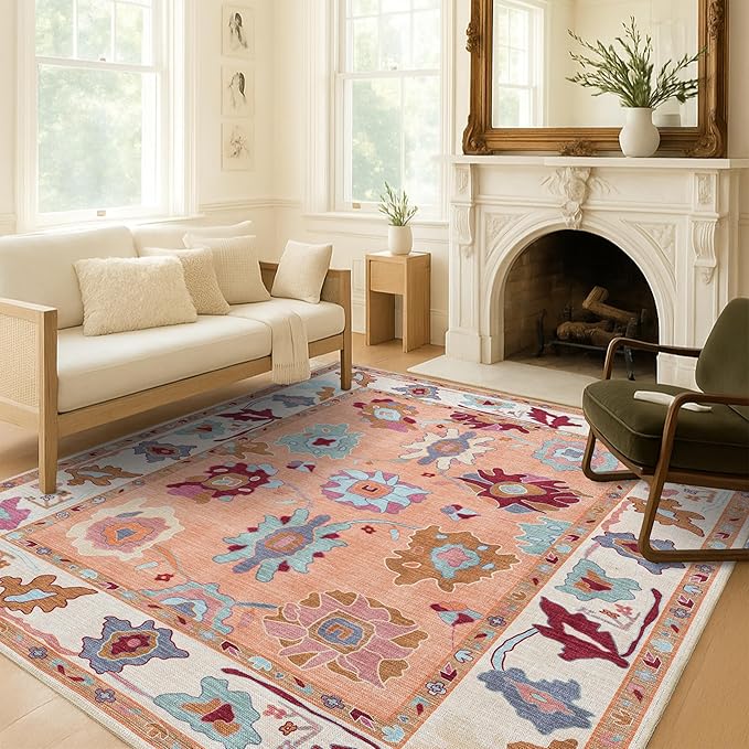 Fame Living Orange Green Oushak Rug, Modern, Vintage, Turkish, Eclectic, Floral, Pastel, Washable, Area Rugs for Living Room, Dining, Bedroom, Office, Entryway, Foyer, Playroom, Nursery, 5'x6'9"